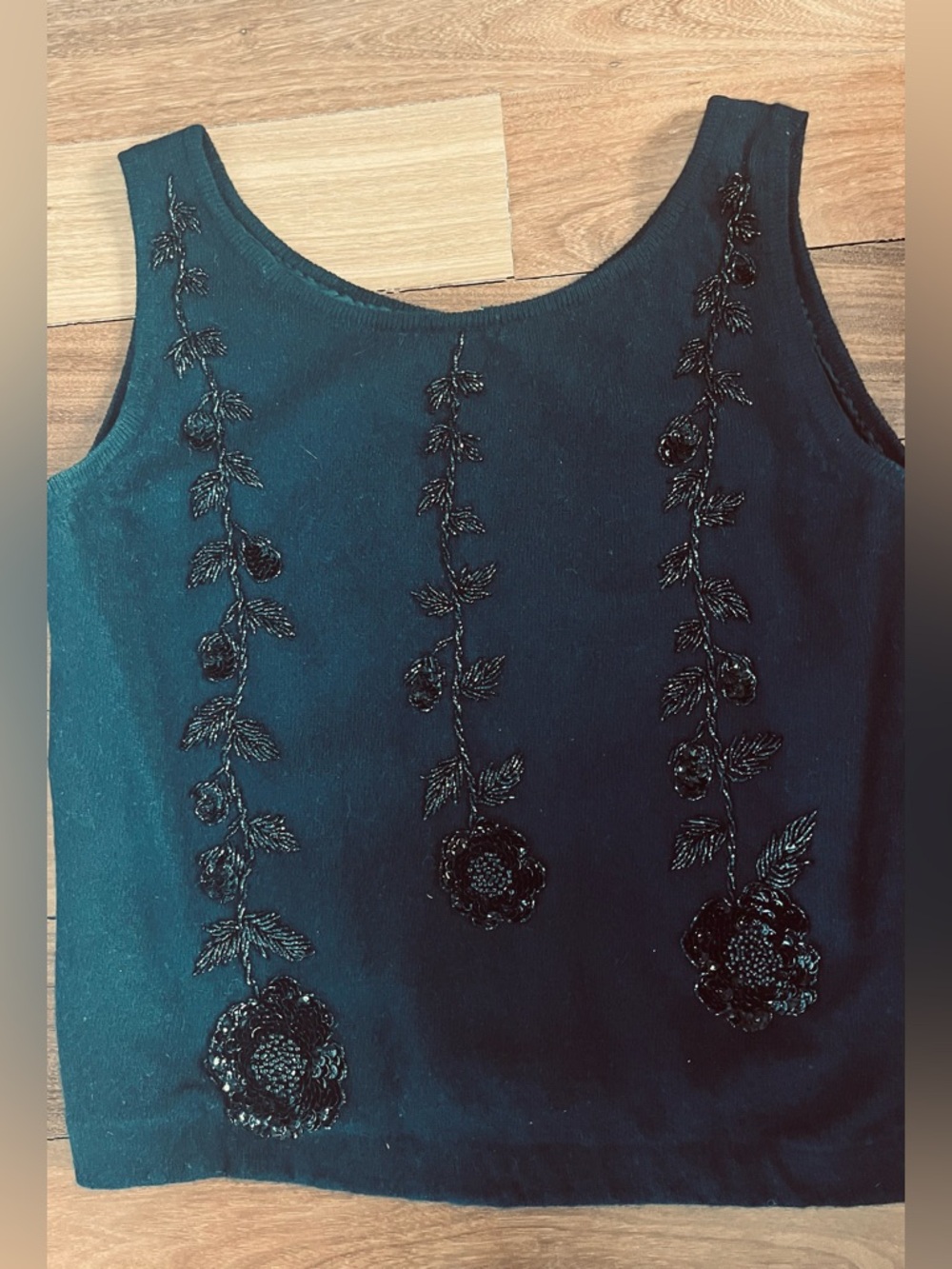 Vintage Beaded Floral Embroidered Black Tank Top Lambs Wool, Angora fully lined